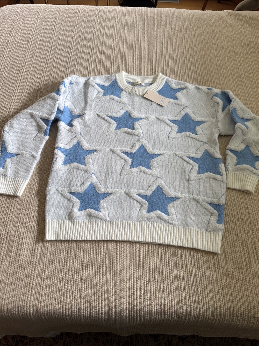 Super Soft White and Blue Star-knit  Crewneck Sweater
